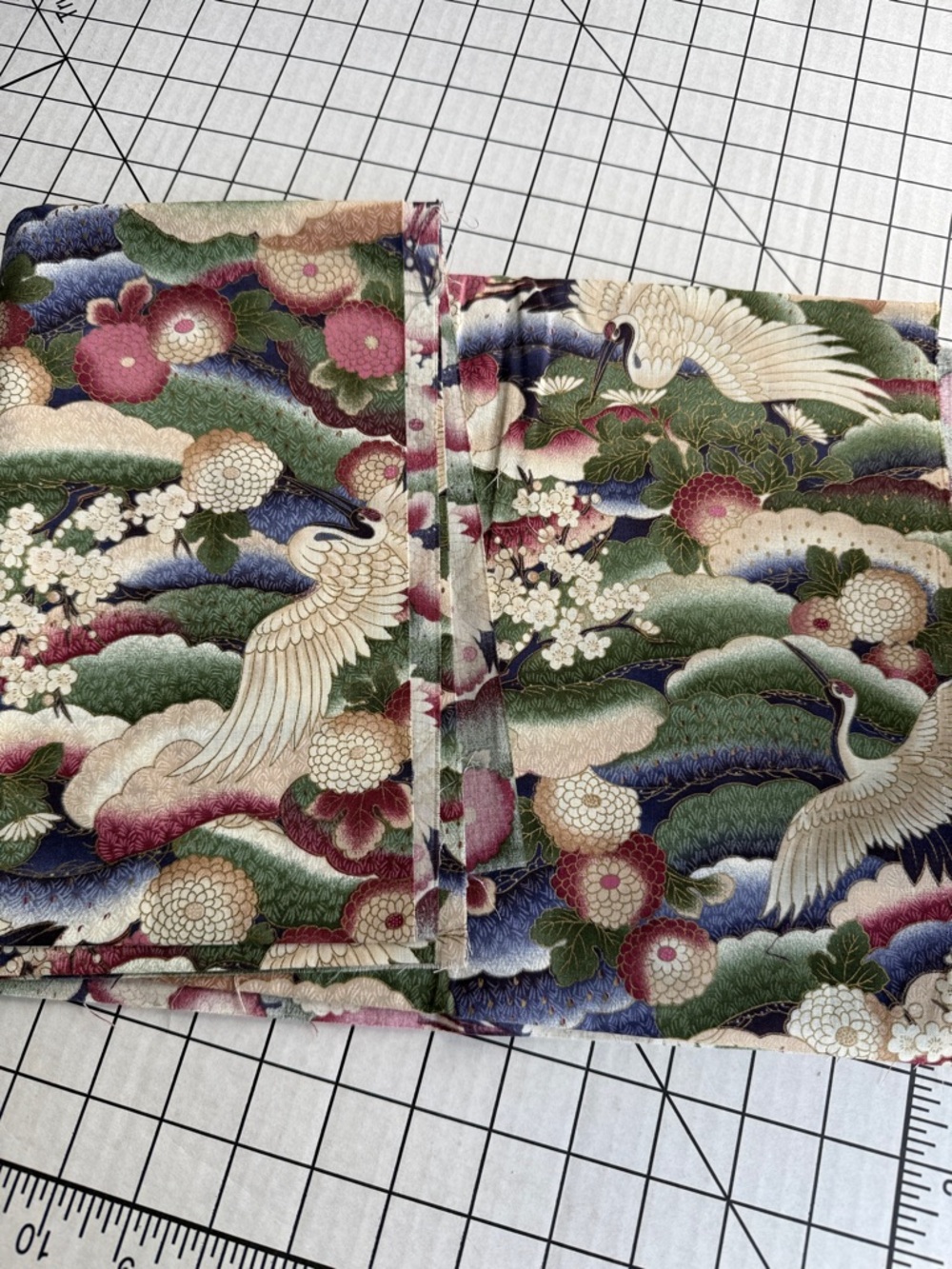 Japanese Crane Fabric 4 Yards Asian Floral Cotton Print Green Pink
